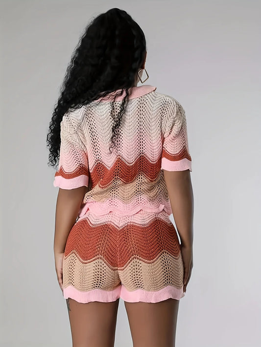 Textured Knit Shirt and Shorts Vacation Summer Co-Ord Set for Women