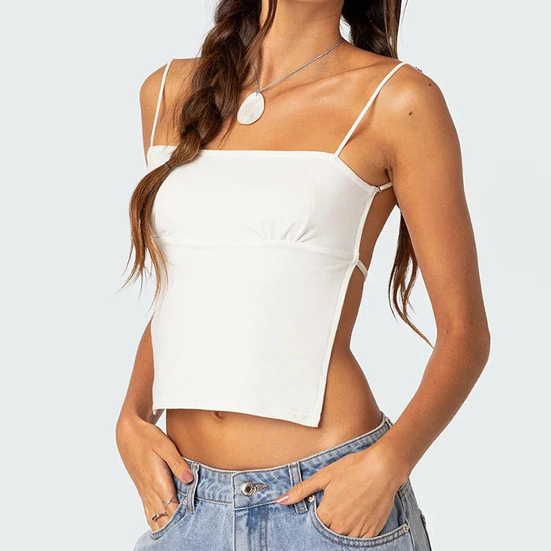 Square Neck Open Back Tank Top with Slim Fit Minimal Streetwear Camisole Design