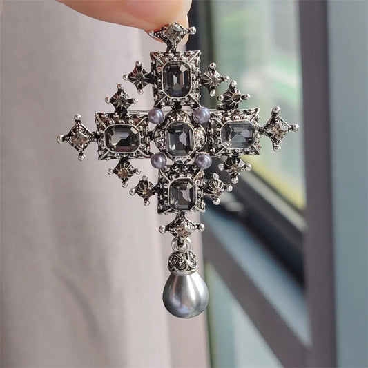 Baroque Cross Statement Brooch with Ornate Pendant Detail