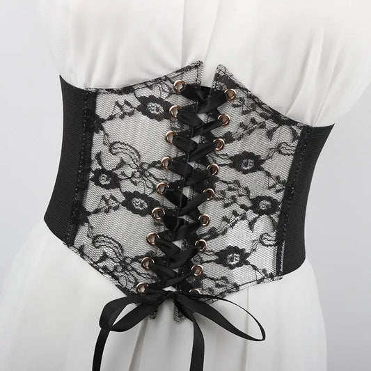 Floral Embroidered Lace-Up Waist Corset Belt with Structured Wide Fit