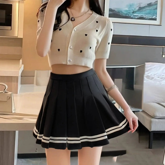 Contrast Trim Pleated Mini Skirt with High Rise Preppy Streetwear Style