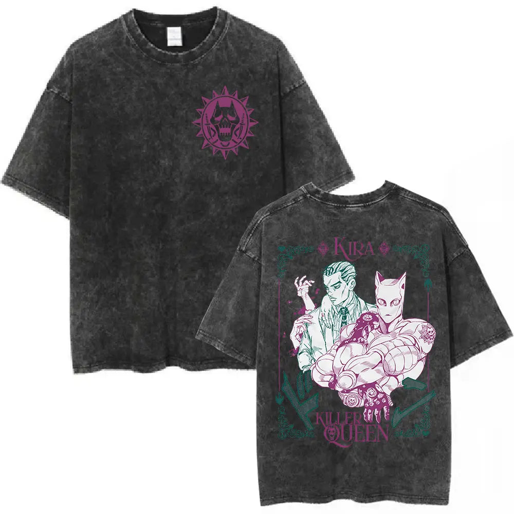 Anime Goth Vintage Washed Graphic Tee with Dark Manga Streetwear Artwork