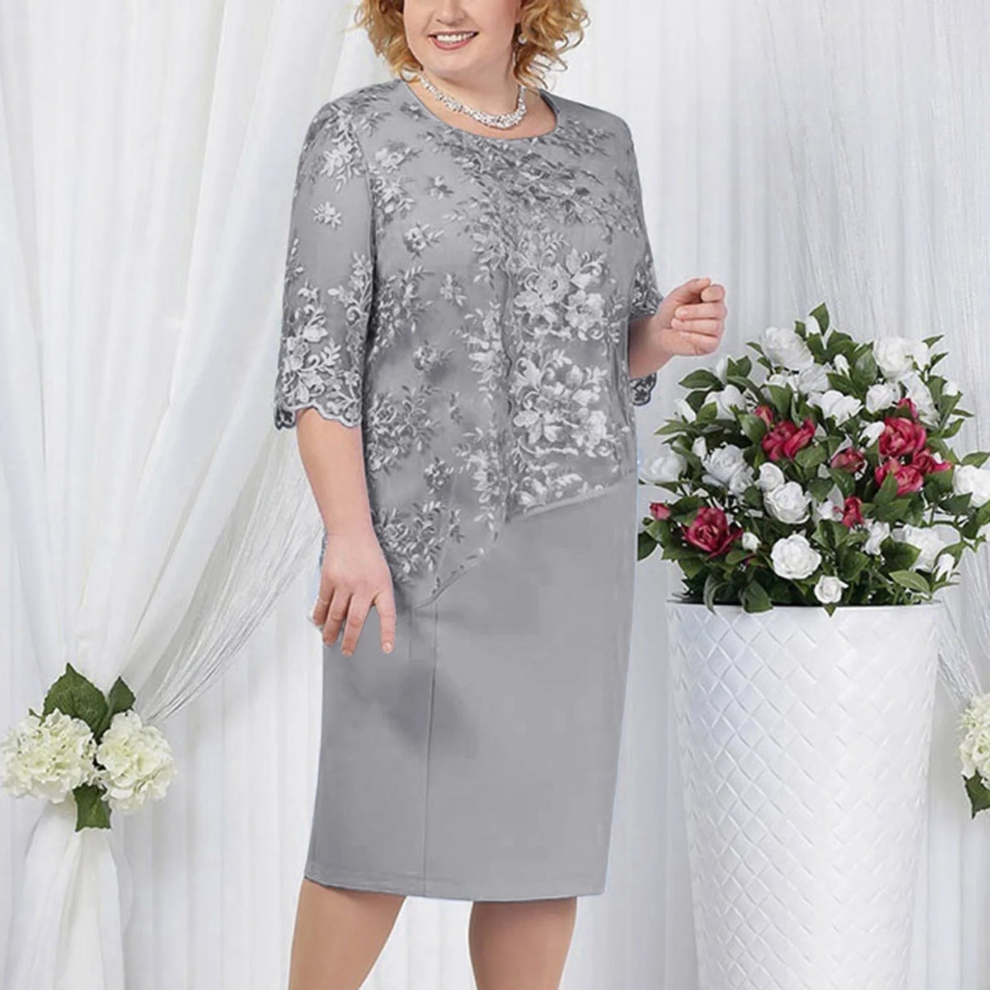 Sequined Lace Overlay Elegant Alternative Midi Dress