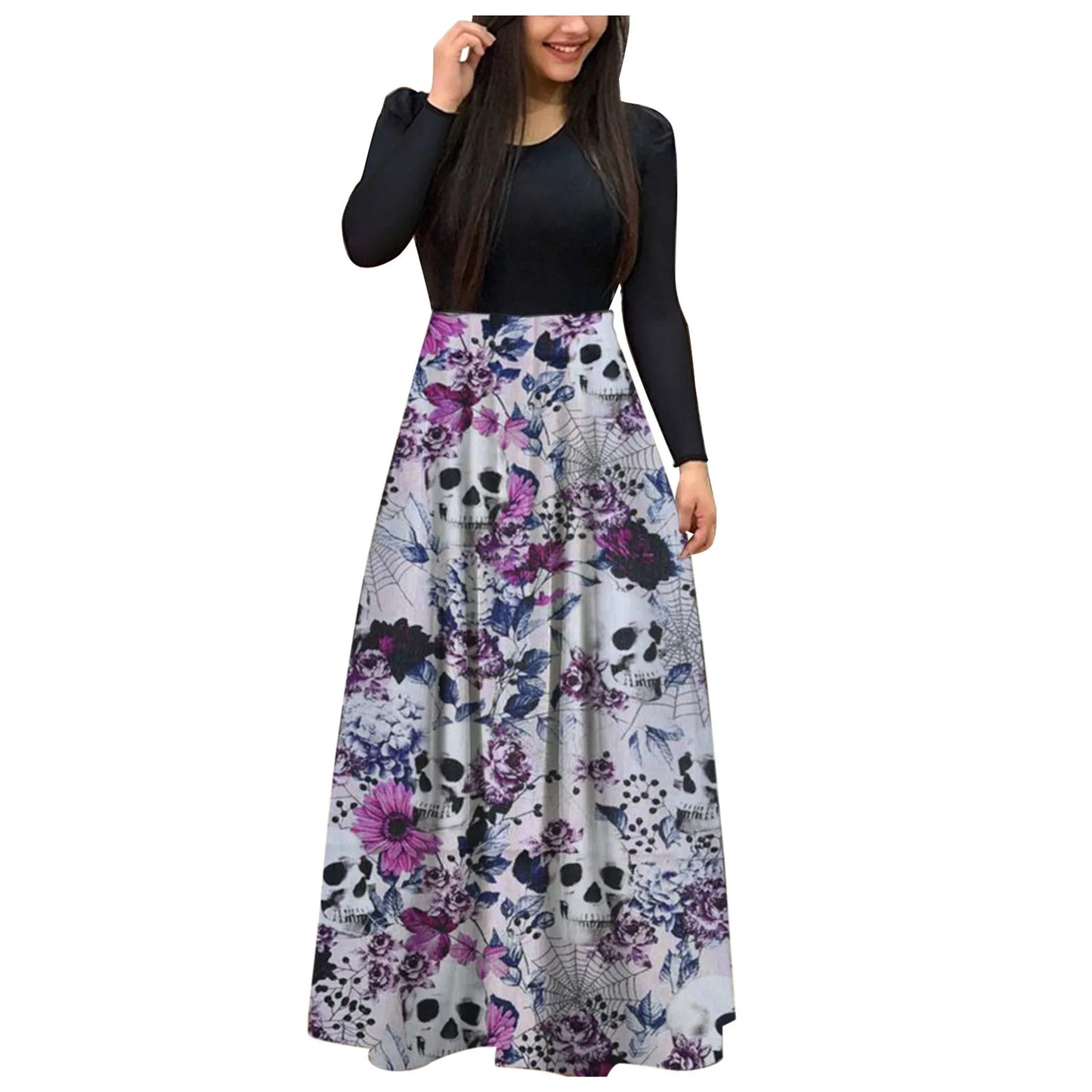 Dark Romantic Skull and Floral Gothic Maxi Dress with Elegant Fit
