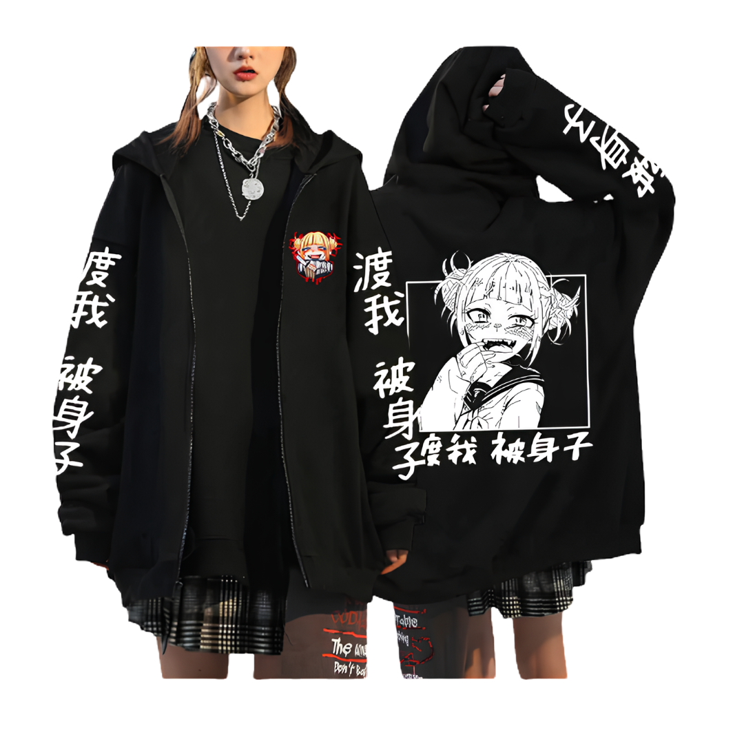 Anime Manga Streetwear Zip Hoodie With Monochrome Graphic Art Design