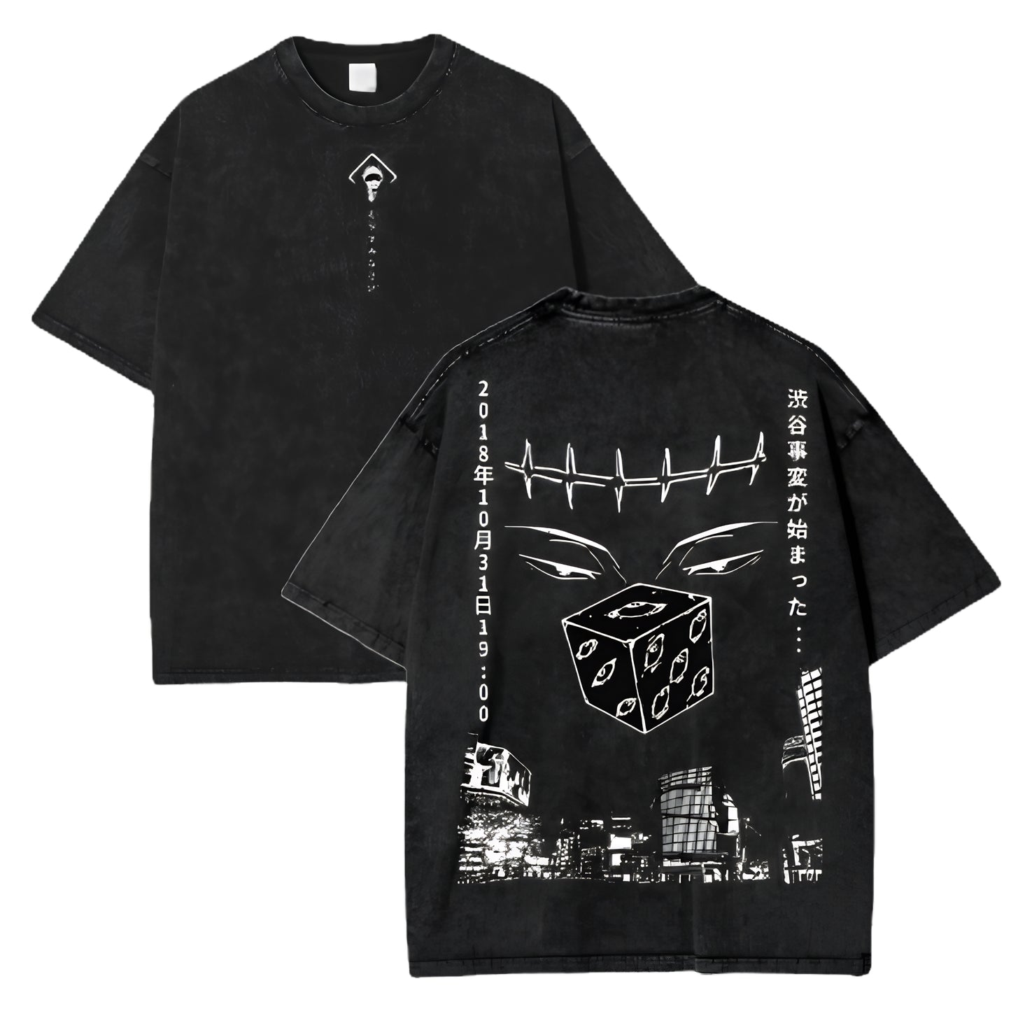 Dark Anime Dice Graphic T-Shirt with Gothic Manga Streetwear Design