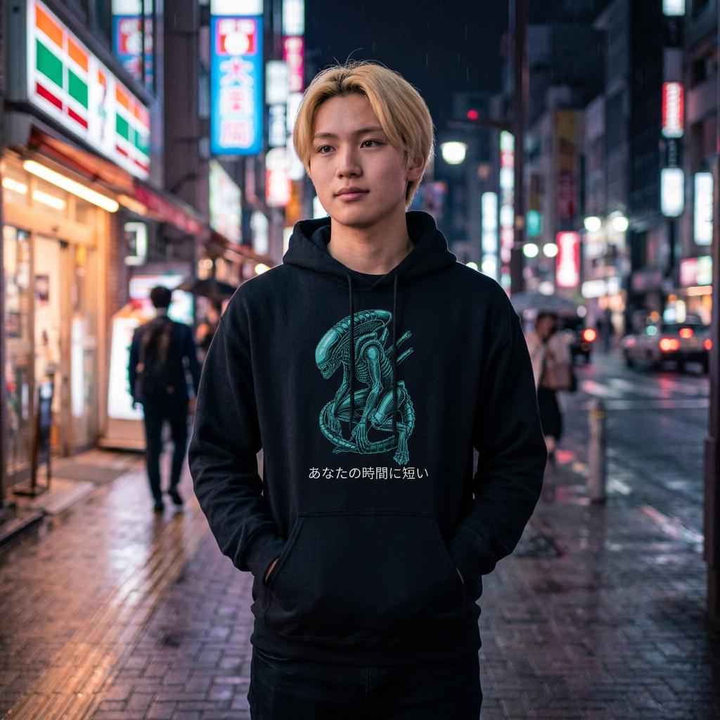 Alien Hoodie - "Your Time Is Short" Written in Japanese.  Threatening Monster Graphic