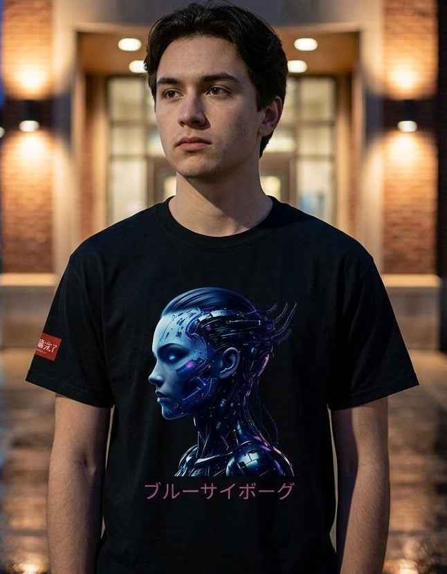 Blue Cyborg T-Shirt – Futuristic Neon Streetwear