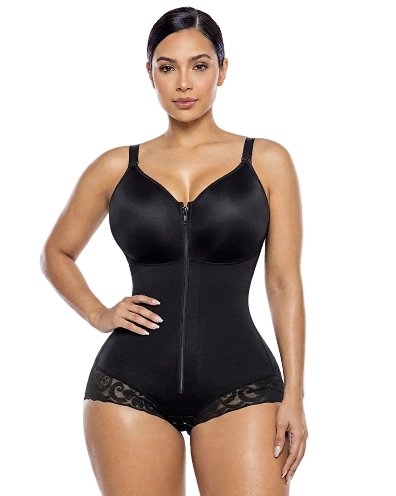 Elegant Zip-Front V-Neck Bodysuit with Lace Hip Detailing