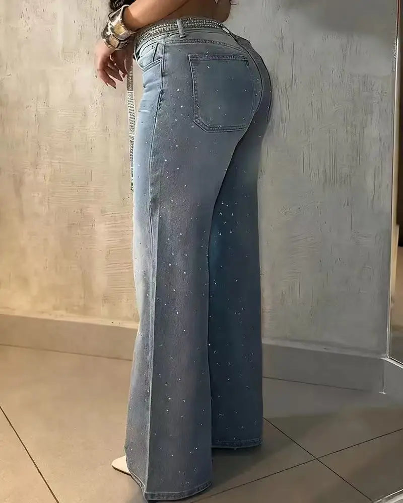 High Waist Wide Leg Denim Jeans with Rhinestone Embellished Relaxed Streetwear Fit