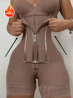 High-Waisted Non-Padded Shaping Bodysuit with Center Zipper and Elegant Lace Trims