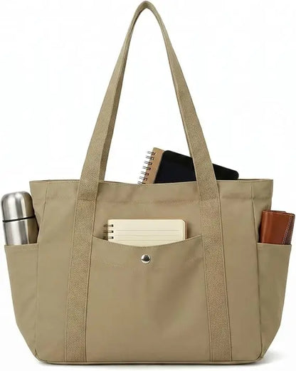 Multi Pocket Canvas Tote Shoulder Bag with Zip Closure Design