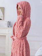 Pink Hooded Plush Robe with Tie Waist, Long Sleeves and Soft-Looking Coral Fleece Finish for Relaxed Homewear