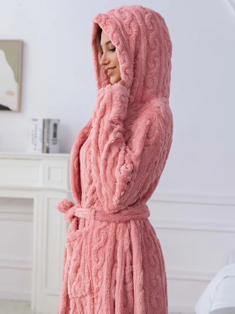 Pink Hooded Plush Robe with Tie Waist, Long Sleeves and Soft-Looking Coral Fleece Finish for Relaxed Homewear