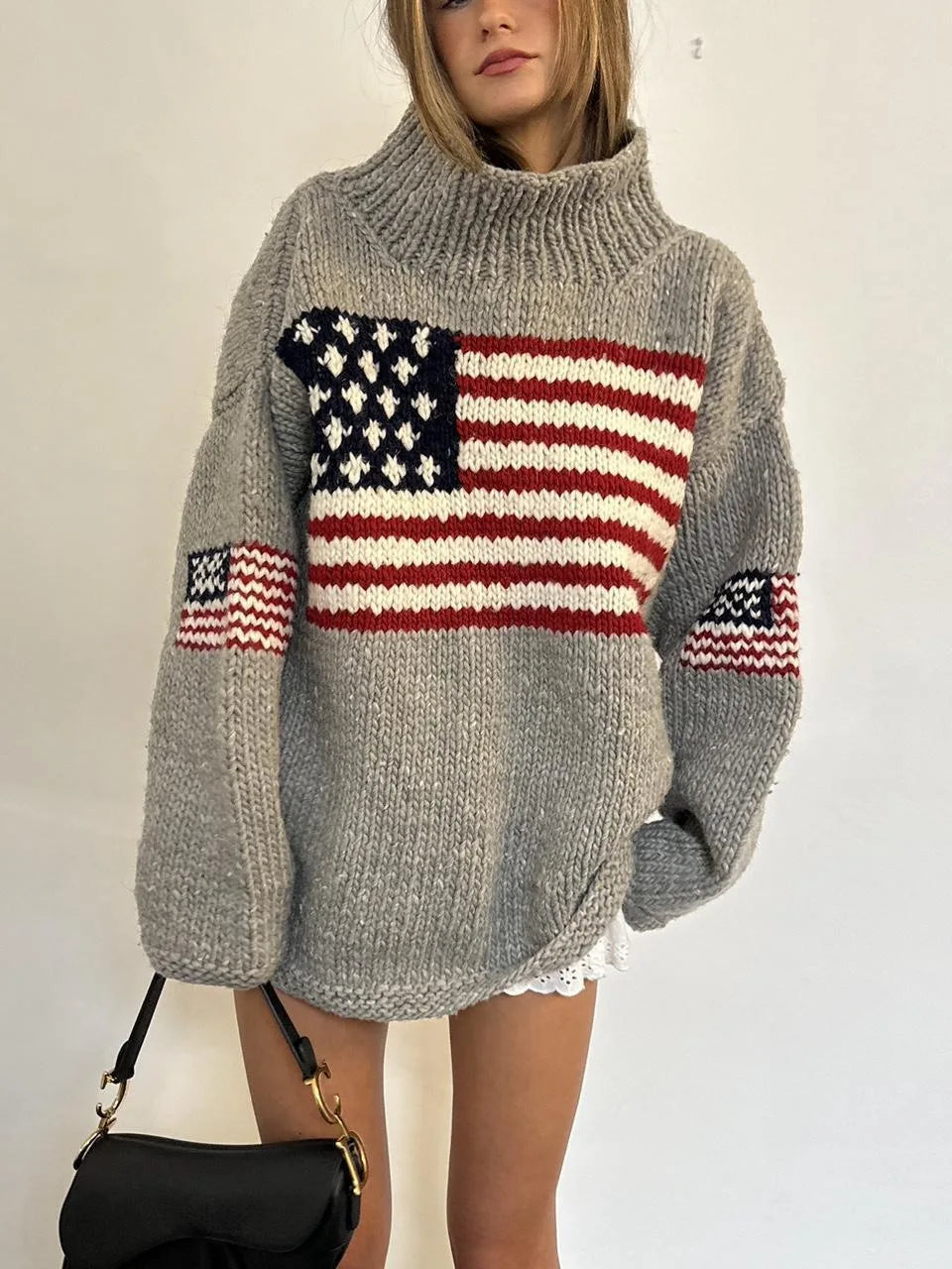 Women's Vintage Graphic Turtleneck Relaxed Knit Sweater With Patchwork Inspired Design