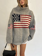 Women's Relaxed Knit Turtleneck Sweater with Vintage Inspired Flag Pattern Casual Winter Knitwear