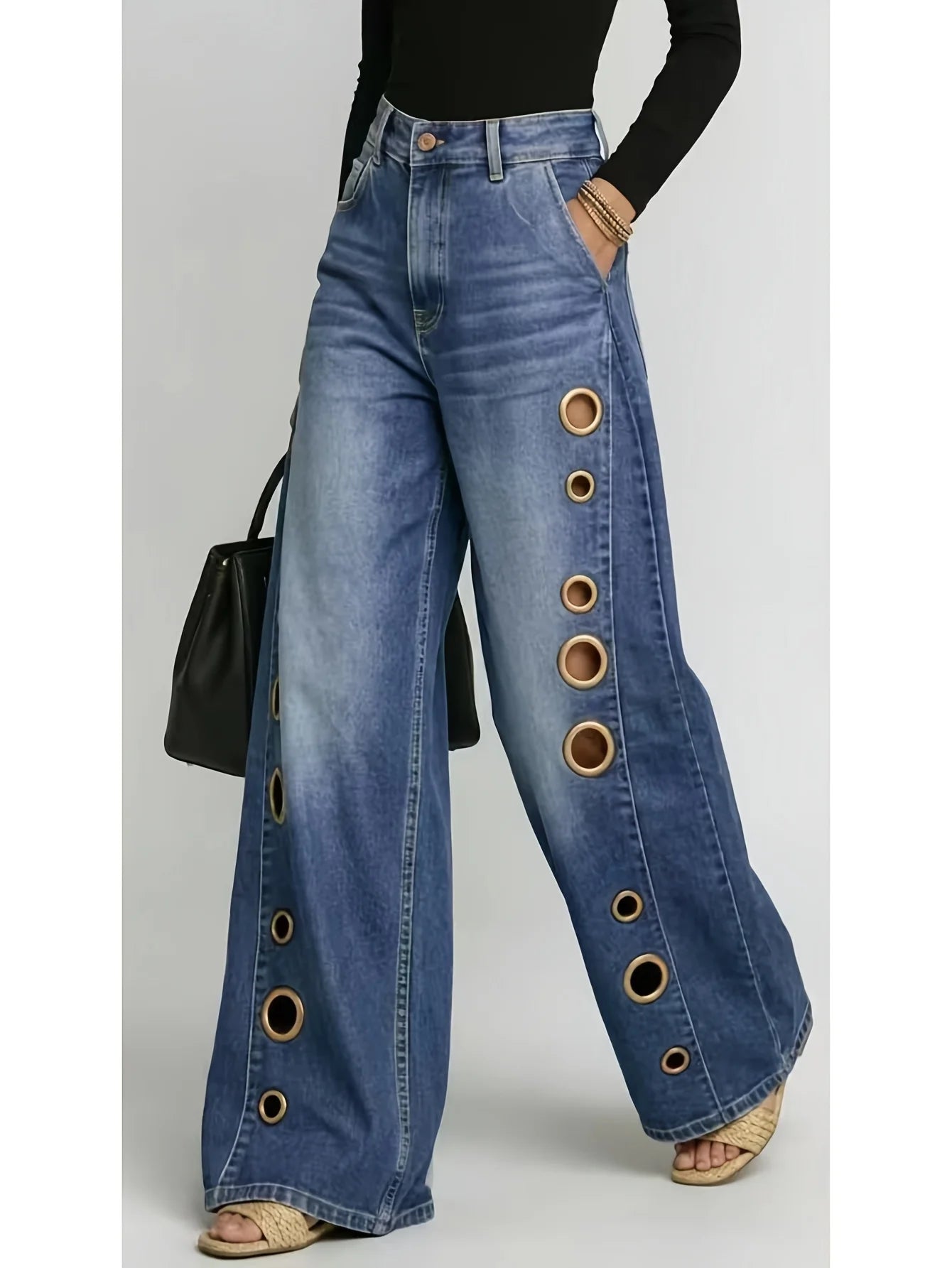 High Waist Wide Leg Denim Jeans with Metal Eyelet Detail Relaxed Streetwear Fit