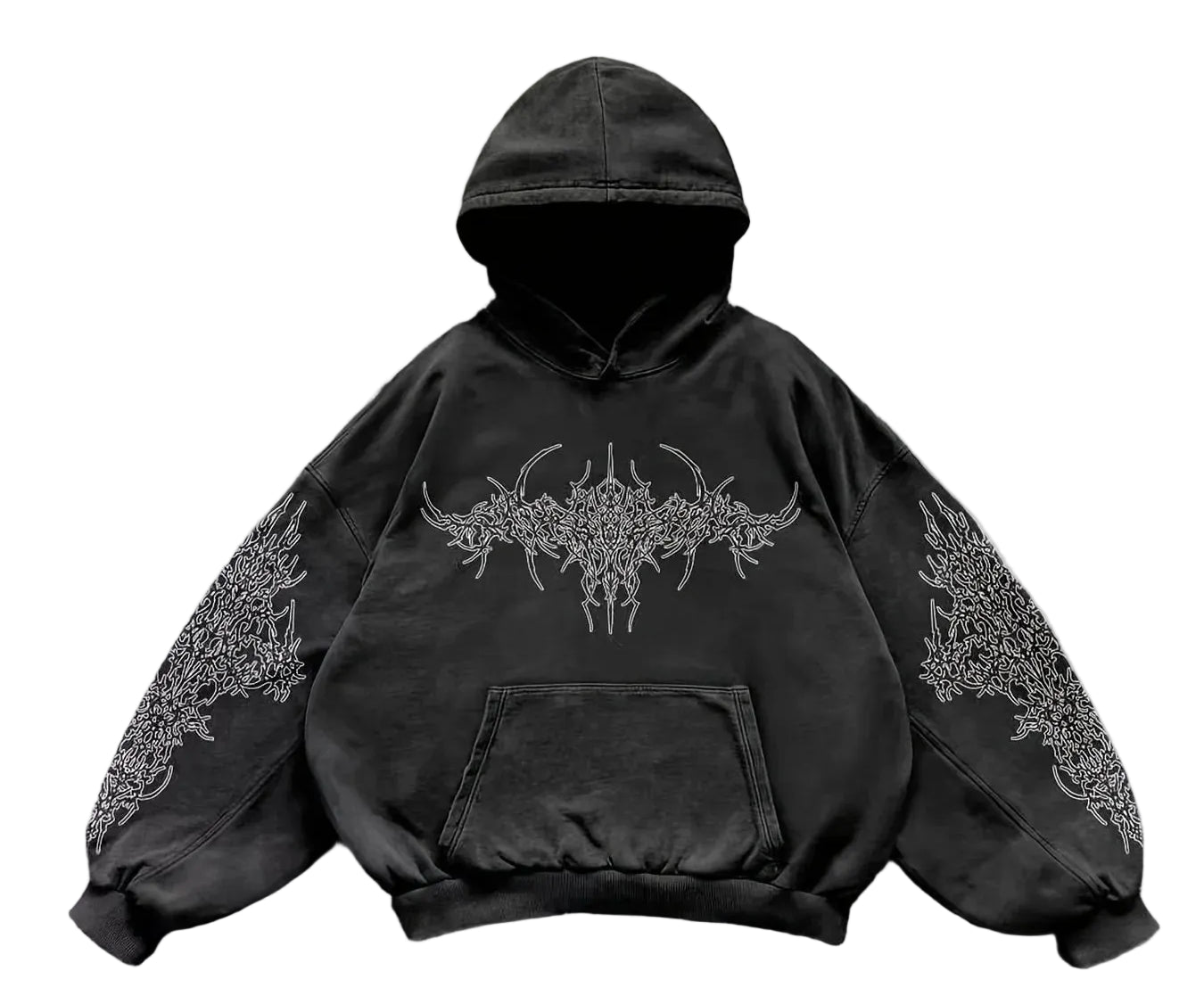 Distressed Anime Goth Pullover Hoodie with Shadow Graphic Streetwear Style