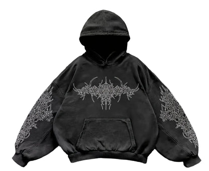 Distressed Anime Goth Pullover Hoodie with Shadow Graphic Streetwear Style