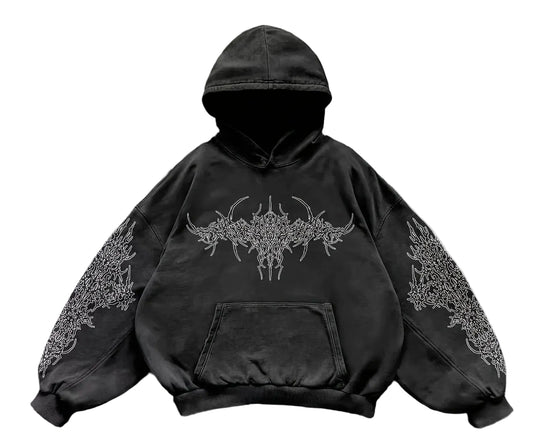 Distressed Anime Goth Pullover Hoodie with Shadow Graphic Streetwear Style