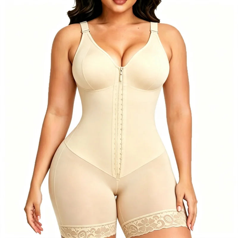 Classic V-Neck Mid-Thigh Shaper with Hook Closure and Sheer Leg Accents