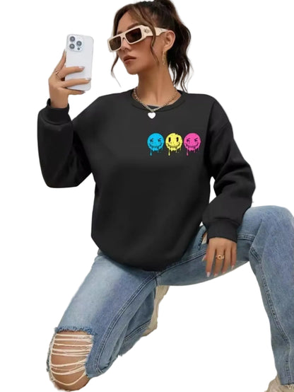 Women's Smiley Graphic Crew Neck Sweatshirt for Relaxed Contemporary Casual Streetwear Fashion