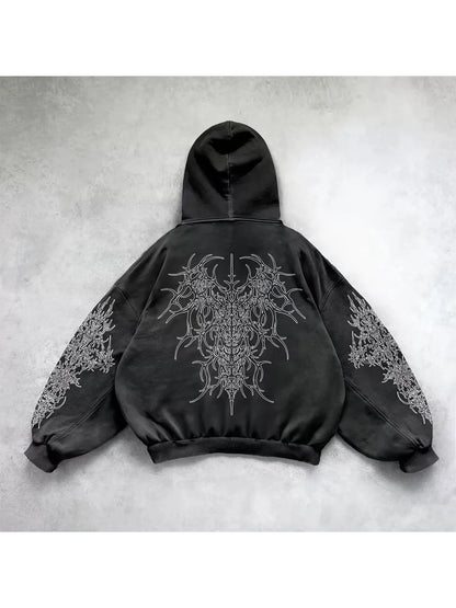 Distressed Anime Goth Pullover Hoodie with Shadow Graphic Streetwear Style