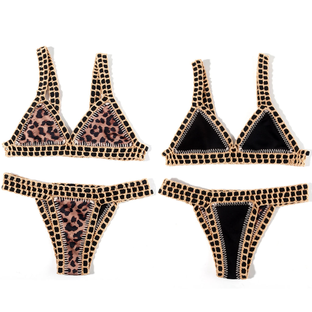 Reversible Crochet-Trimmed Triangle Bikini Set in Leopard Print and Solid Black