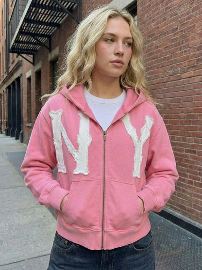 Women's Relaxed Zip-Up Hoodie with Decorative Graphic Streetwear Everyday Layering Style