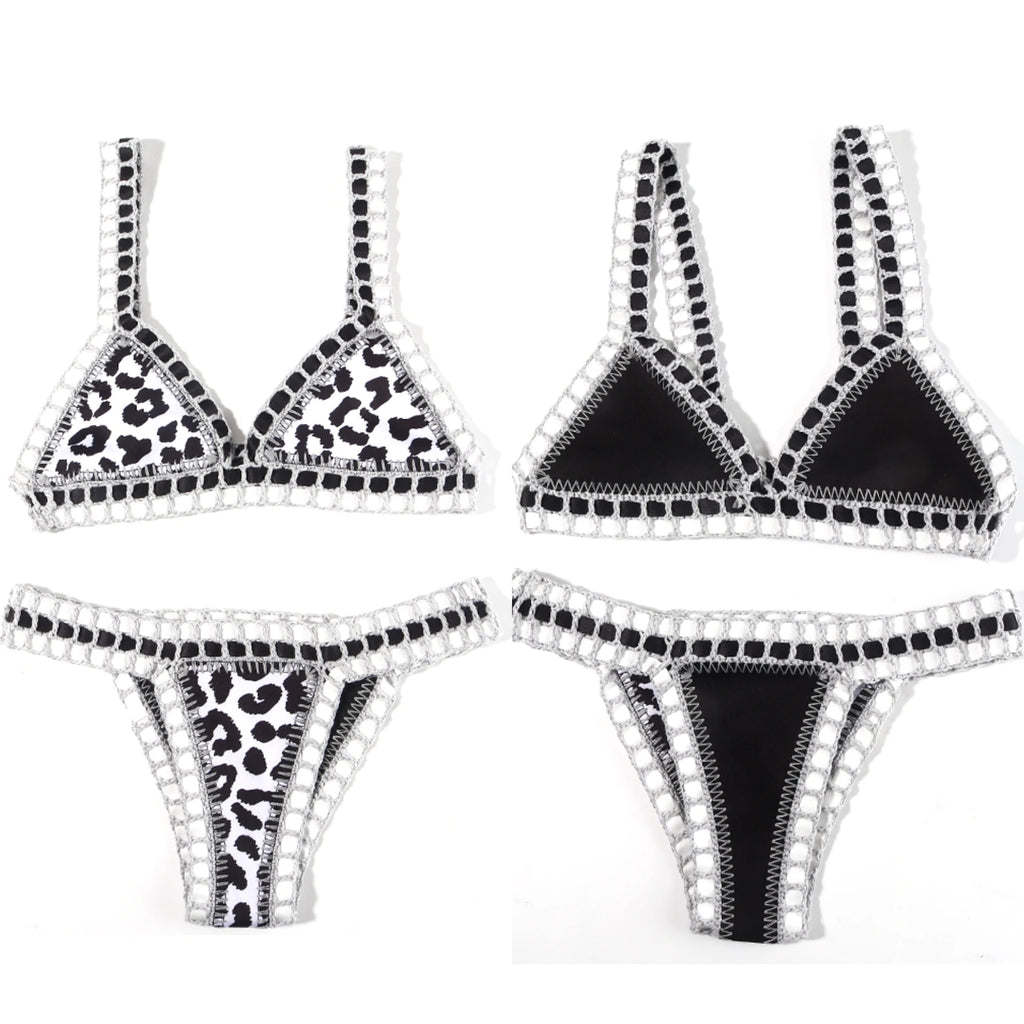 Reversible Crochet-Trimmed Triangle Bikini Set in Leopard Print and Solid Black