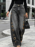 High Waist Wide Leg Denim Jeans with Metal Eyelet Detail Relaxed Streetwear Fit