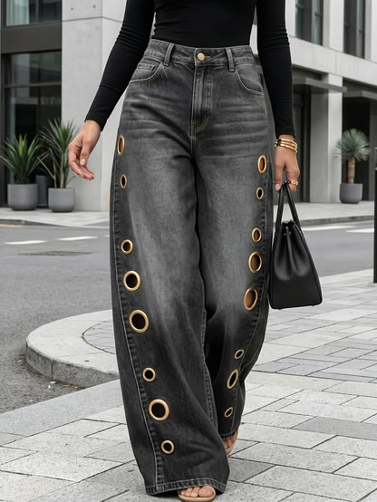High Waist Wide Leg Denim Jeans with Metal Eyelet Detail Relaxed Streetwear Fit