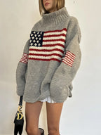 Women's Relaxed Knit Turtleneck Sweater with Vintage Inspired Flag Pattern Casual Winter Knitwear