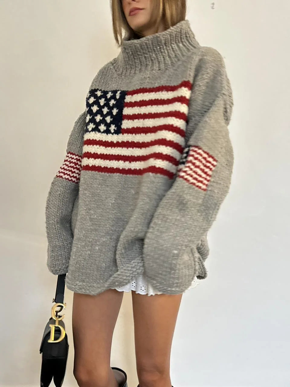 Women's Relaxed Knit Turtleneck Sweater with Vintage Inspired Flag Pattern Casual Winter Knitwear