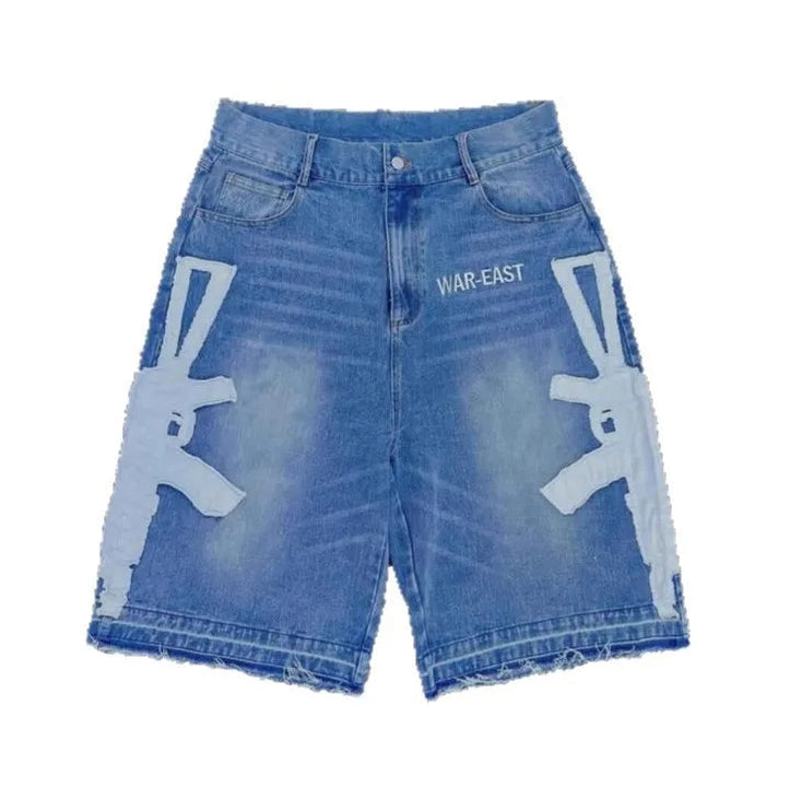Men's Relaxed Knee Length Distressed Denim Shorts with Graphic Print and Casual Streetwear Fit