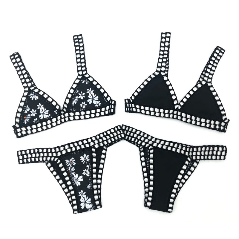 Reversible Crochet-Trimmed Triangle Bikini Set in Leopard Print and Solid Black