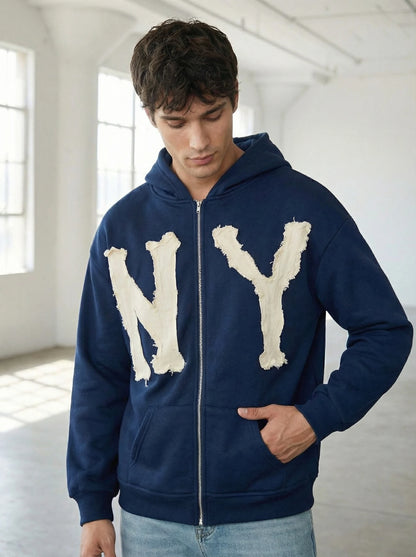 Women's Relaxed Zip-Up Hoodie with Decorative Graphic Streetwear Everyday Layering Style