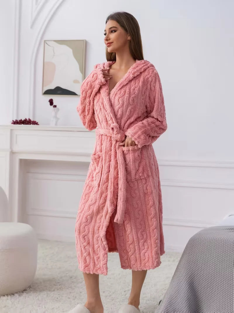 Pink Hooded Plush Robe with Tie Waist, Long Sleeves and Soft-Looking Coral Fleece Finish for Relaxed Homewear
