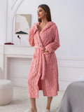 Pink Hooded Plush Robe with Tie Waist, Long Sleeves and Soft-Looking Coral Fleece Finish for Relaxed Homewear
