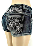 Women's Distressed Denim Shorts with Embroidered Pocket Details and Studded Casual Streetwear Style