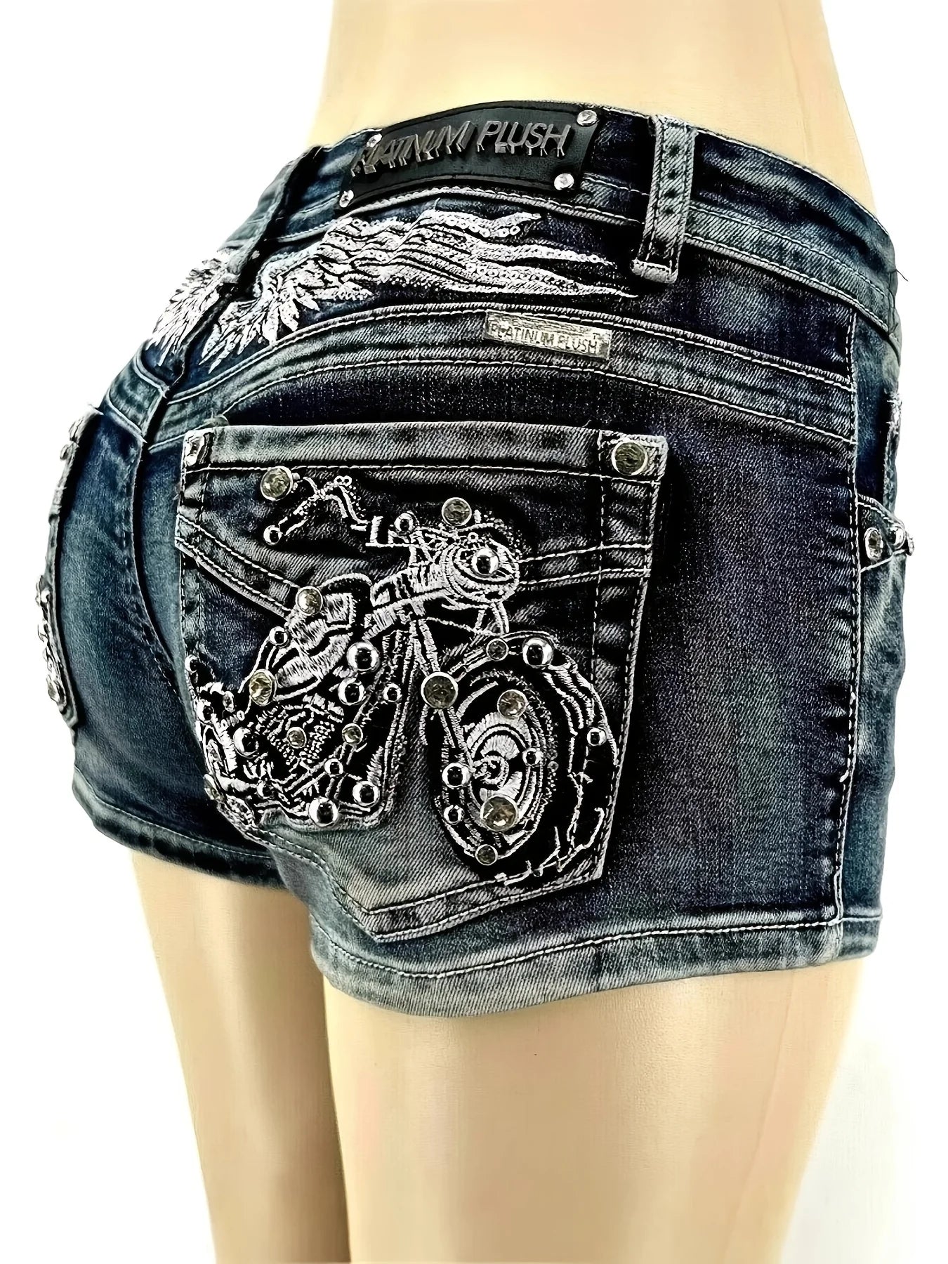 Women's Distressed Denim Shorts with Embroidered Pocket Details and Studded Casual Streetwear Style