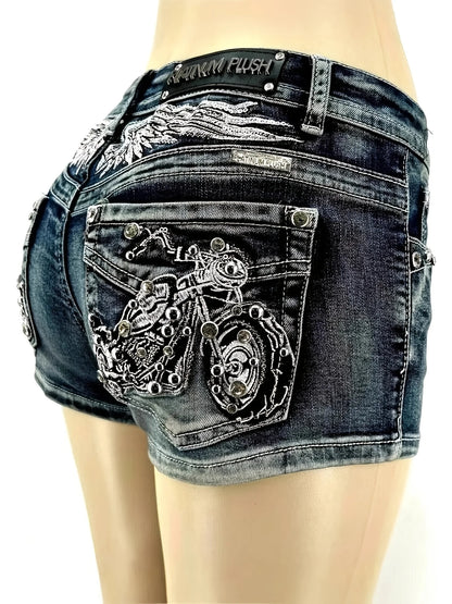 Women's Distressed Denim Shorts with Embroidered Pocket Details and Studded Casual Streetwear Style