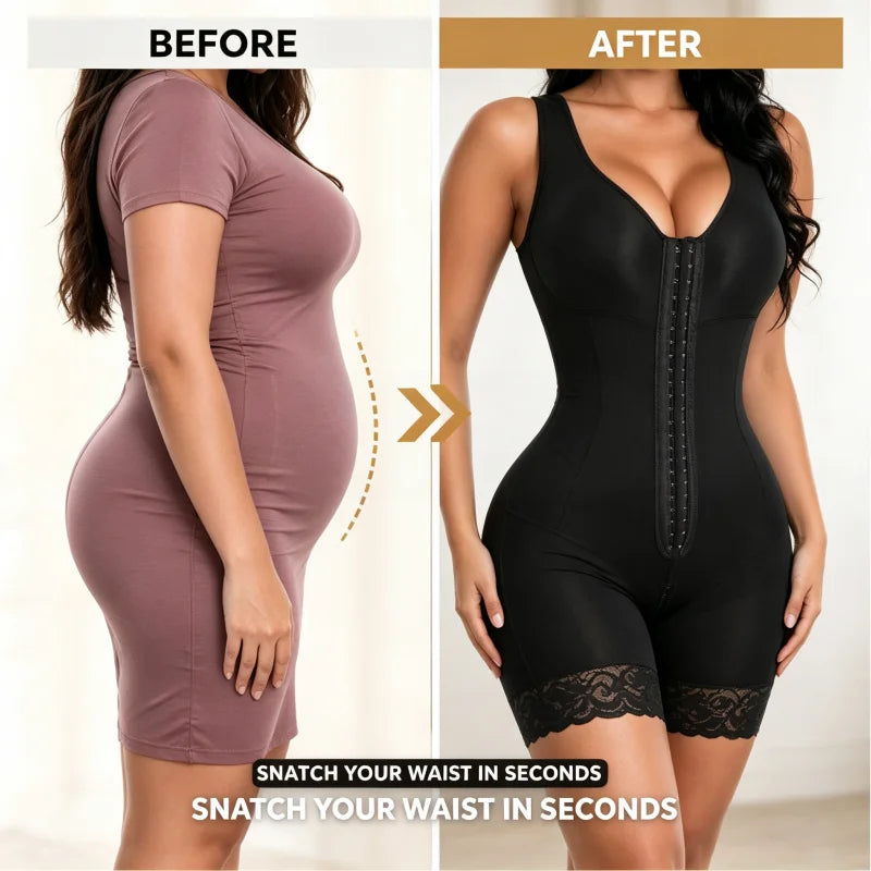 Classic V-Neck Mid-Thigh Shaper with Hook Closure and Sheer Leg Accents