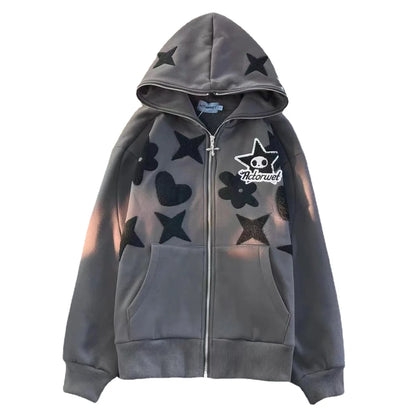 Women's Oversized Zip-Up Hoodie with Embroidered Graphic Streetwear Relaxed Everyday Fit