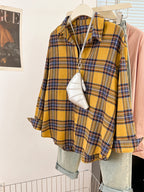 Vintage-Inspired Golden Yellow Plaid Button-Down Shirt with Relaxed Streetwear Silhouette
