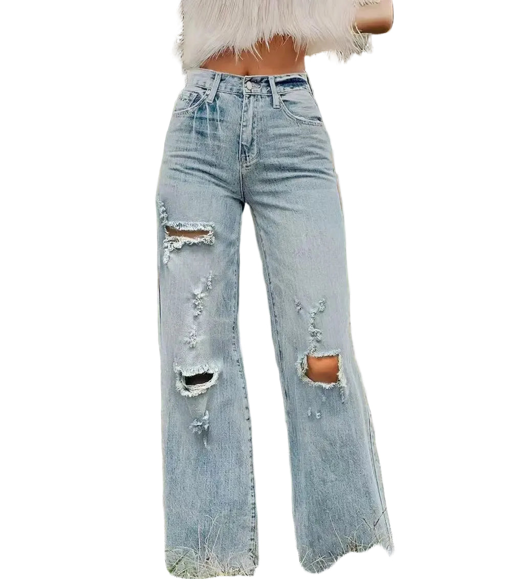 Distressed Wide Leg Denim Jeans with High Rise Relaxed Fit Vintage Streetwear Style