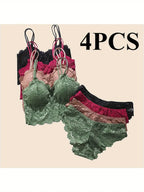 Four-Piece Floral Lace Wire-Free Bralette and Scalloped Panty Collection