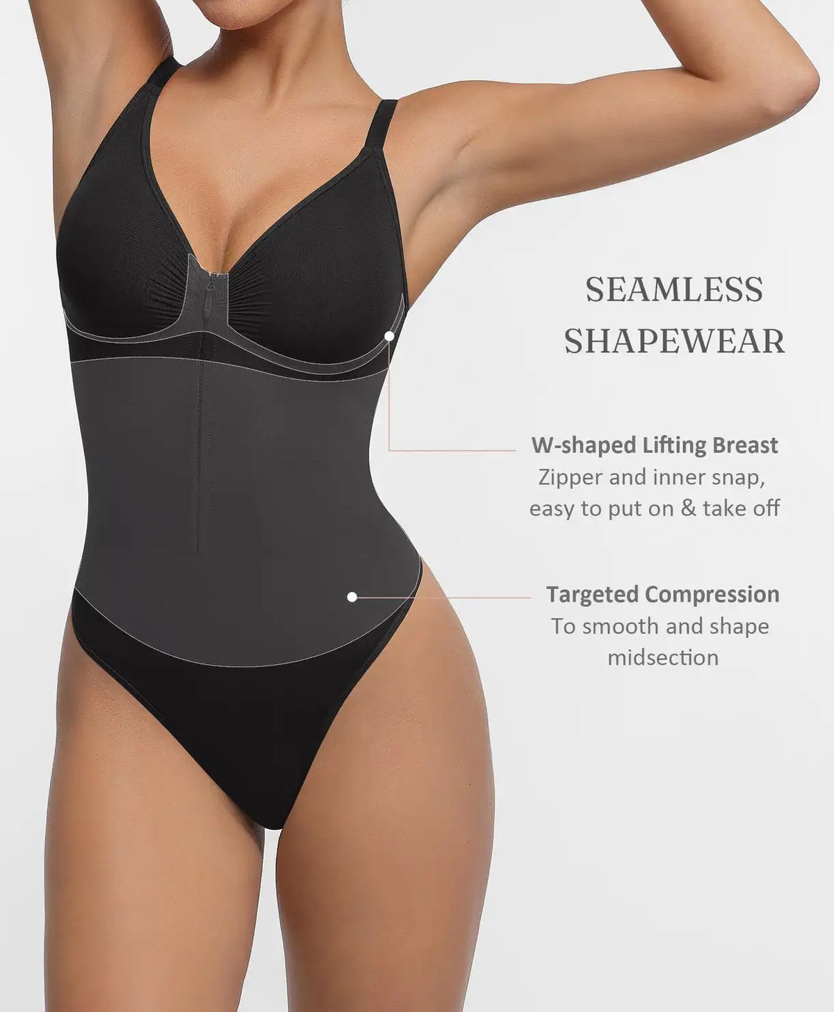 Sleek V-Neck Zip-Up Thong Bodysuit with Delicate Shoulder Straps