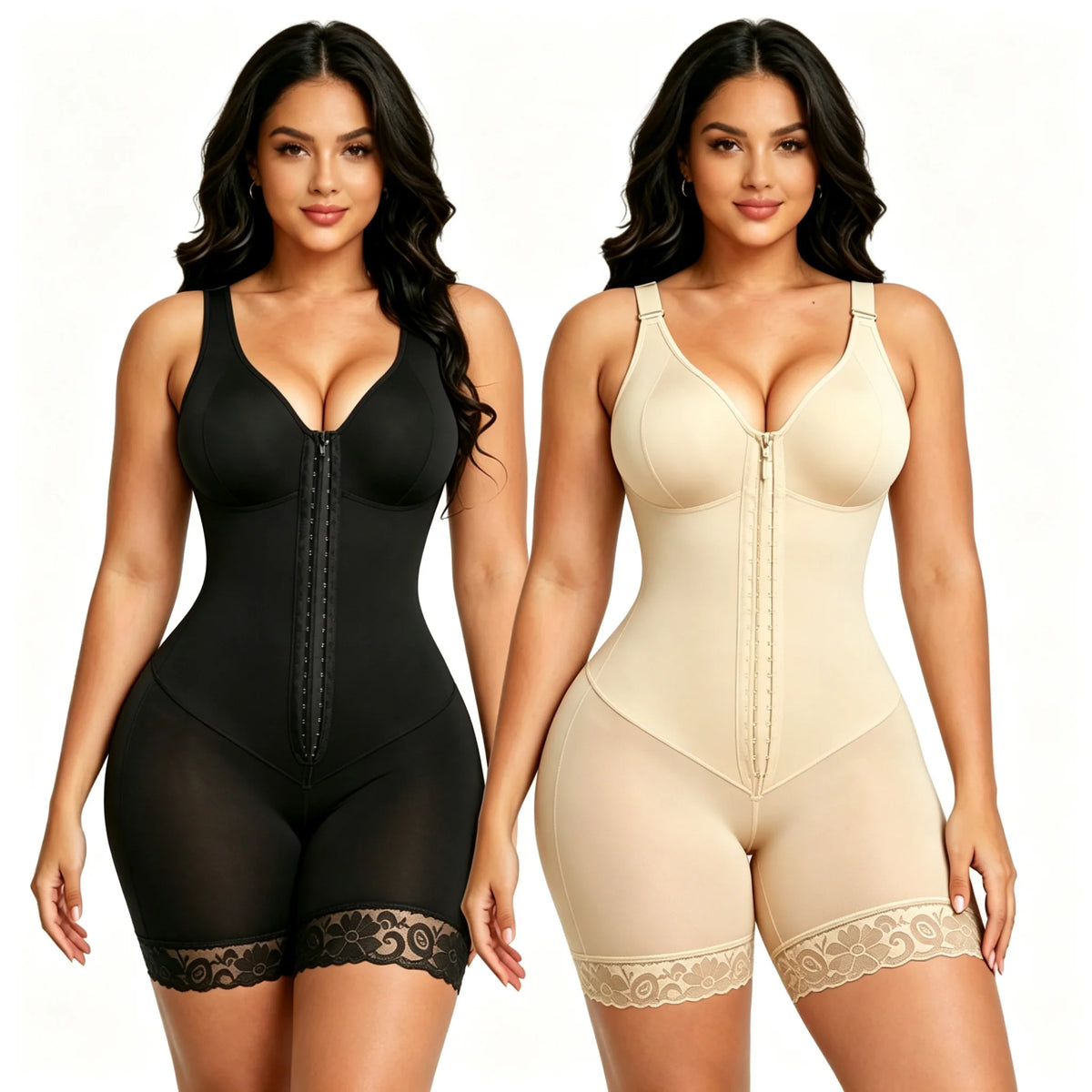 Classic V-Neck Mid-Thigh Shaper with Hook Closure and Sheer Leg Accents