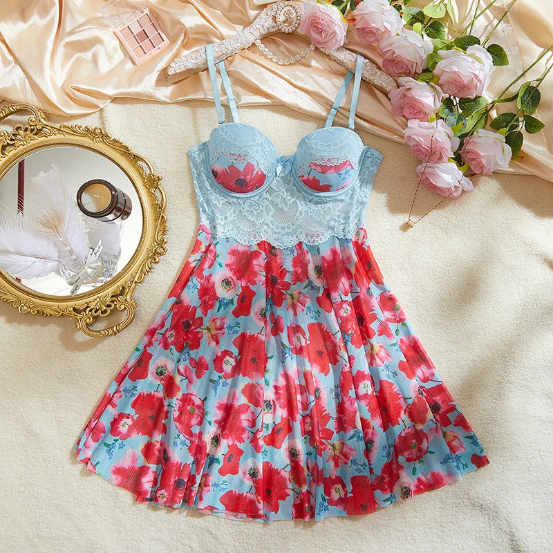 Floral Print Underwire Babydoll Nightgown with Lace Bodice and Flared Skirt